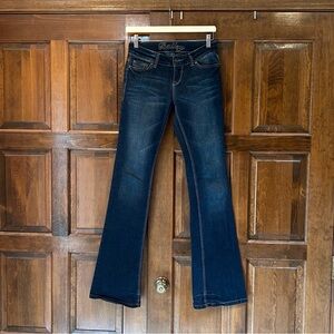 dELiA’s Bailey Jeans Size 1/2 L Long Flare Denim Women’s Blue Dark Wash Y2K